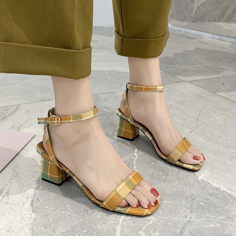 

Dress Shoes Plaid Cloth Square Heel Sandals Women Summer Elegant Office Open Toe Heels High Ankle Buckle 2023, Yellow