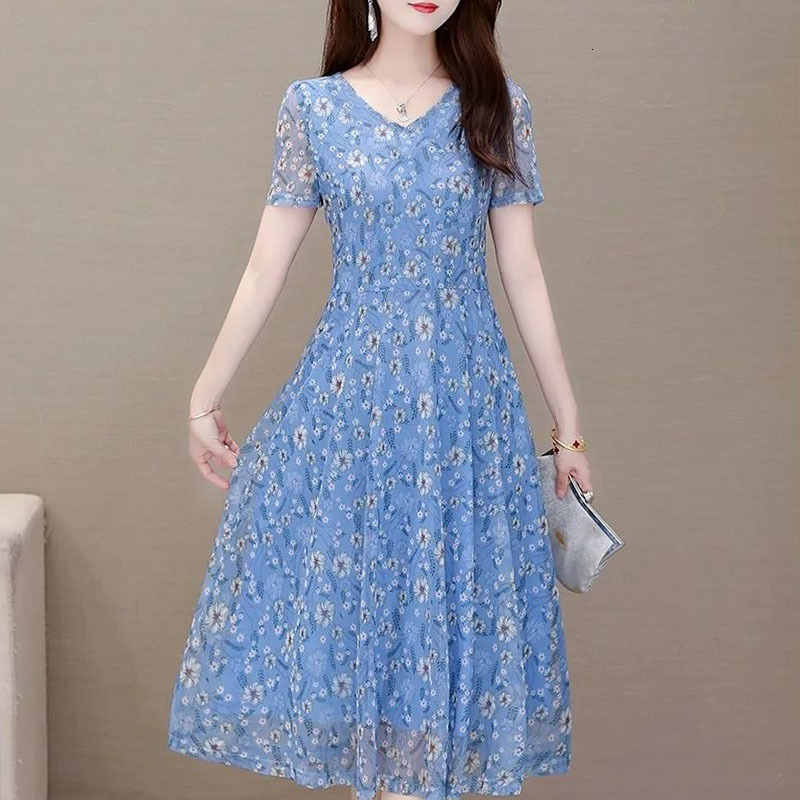 

Casual Dresses Women's Elegant Waist Chiffon Floral Dress Summer Short Sleeve Korean Casual Round Neck Midi Printing Dresses for Female 230316, Pink
