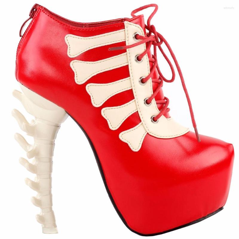 

Dress Shoes LF80649 Punk Black White Skull Two Tone Lace Up High-top Bone Heels Platform Ankle Boot