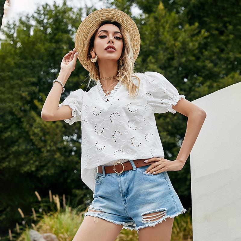 

Women' T Shirts Short Sleeve White Summer Lace T-Shirts Women V-Neck Floral Hollow Out Casual Tops Holiday Elegant Cottagecore Aesthetic