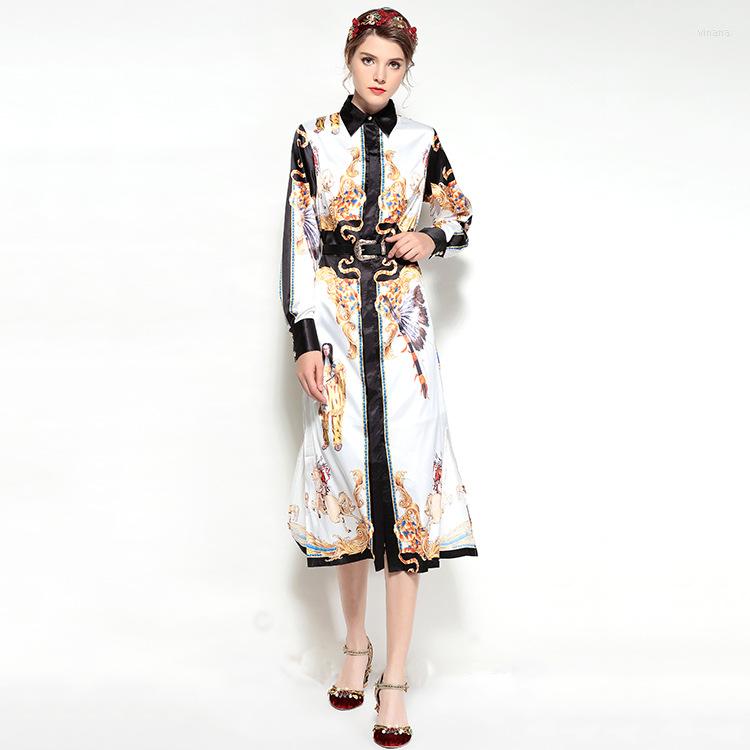 

Casual Dresses High Quality 2023 Autumn And Winter Runway Women's Lapel Long-sleeved Shirt Retro Court Printing Long Dress Tide, Photo color