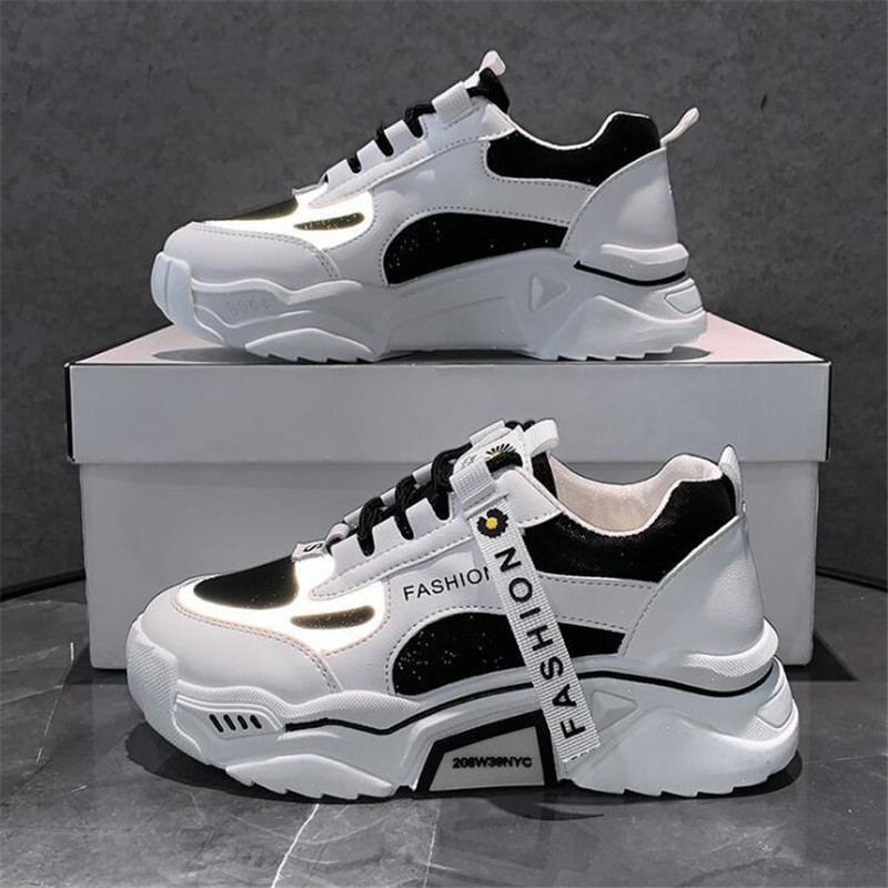 

Dress Shoes Fashion Spring Reflective Platform Sneakers Women Shoes Korean Lace Up Chunky Sneakers Mixed Color Women's Vulcanize Shoes 230316, Black