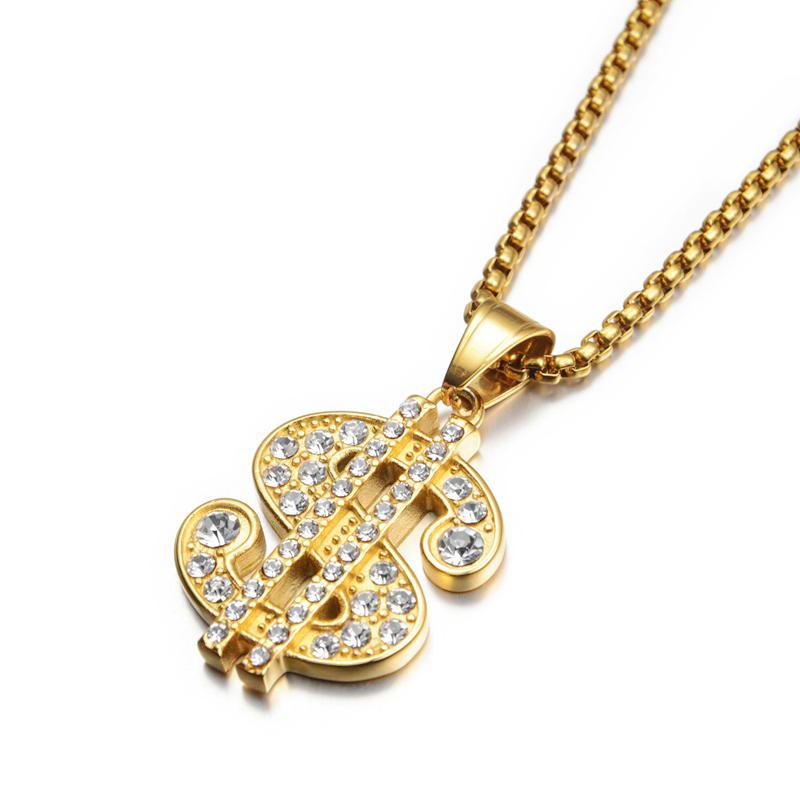 

Pendant Necklaces Hip Hop Iced Out Dollar Sign Money Necklace For Women Men Gold Color Stainless Steel Chains Hiphop American Jewelry
