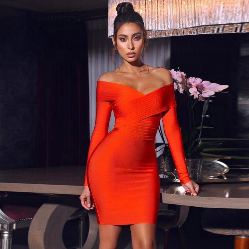 

Casual Dresses Bandage Dress Orange 2023 Women Sexy Off The Shoulder Bodycon Autumn Ladies Long Sleeve Evening Party, Picture shown