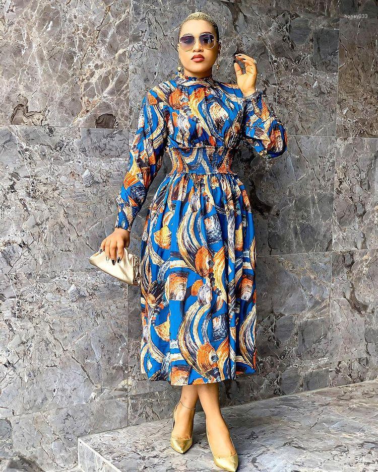 

Casual Dresses TSXT 2023 African Style Women Printed Collect Waist Dress Sexy Lady Stand Collar Full Sleeve Pleated, Picture color