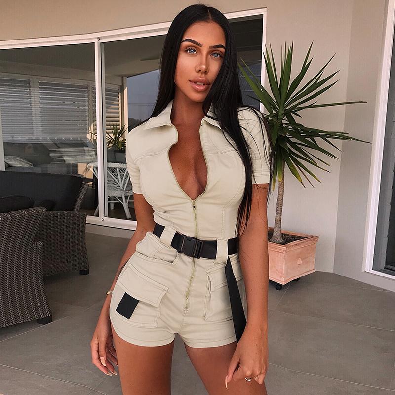

Women' Jumpsuits & Rompers Sexy Denim Jumpsuit Short Women Zipper Slim Bodycon Summer Outfit Clothes Jeans Playsuit Overalls Party Club Com, Khaki