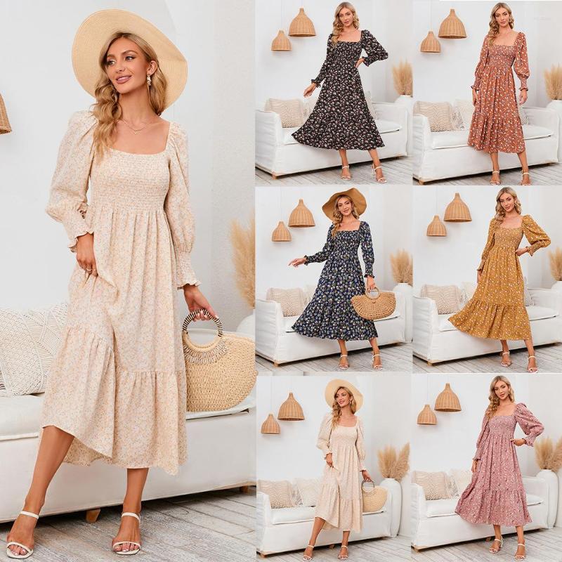 

Casual Dresses Women' Vintage Square Collar Flare Sleeve Floral Print Chiffon Mid-Calf Dress, Beige