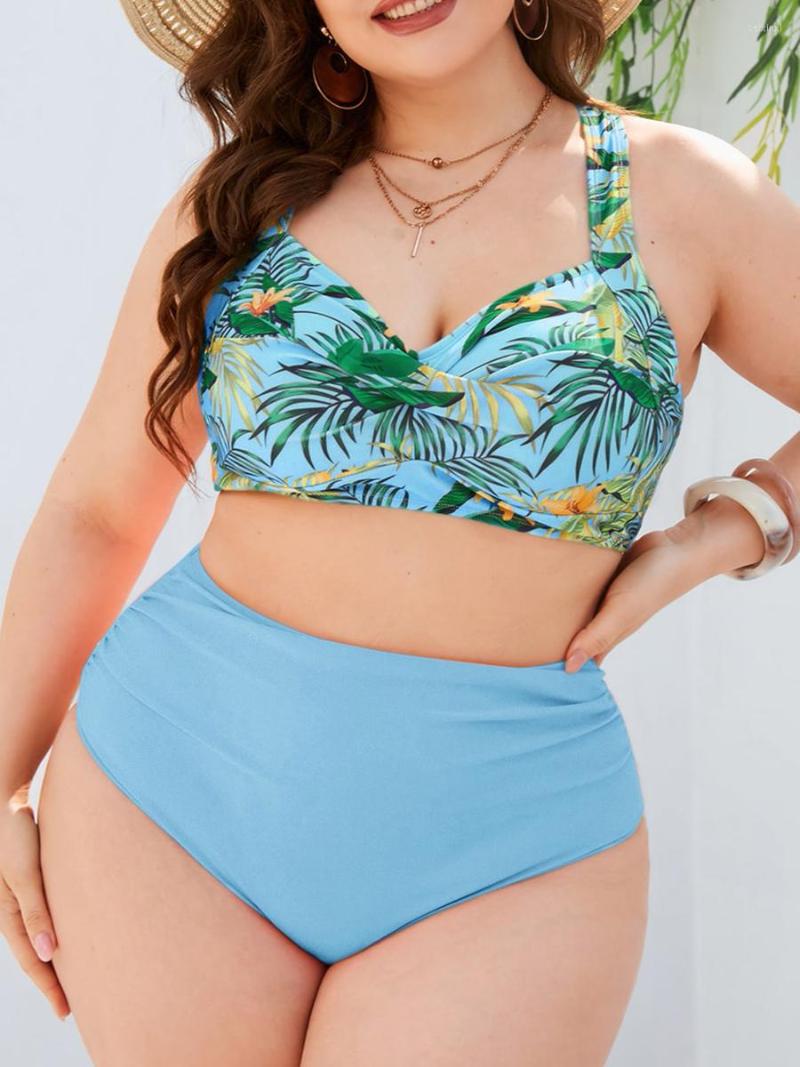 

Women's Swimwear 2023 Tropical Print Underwire Swimsuit Women Plus Size Female High Waist Bathers Bathing Swimming Suit Summer Beachwear, Blue