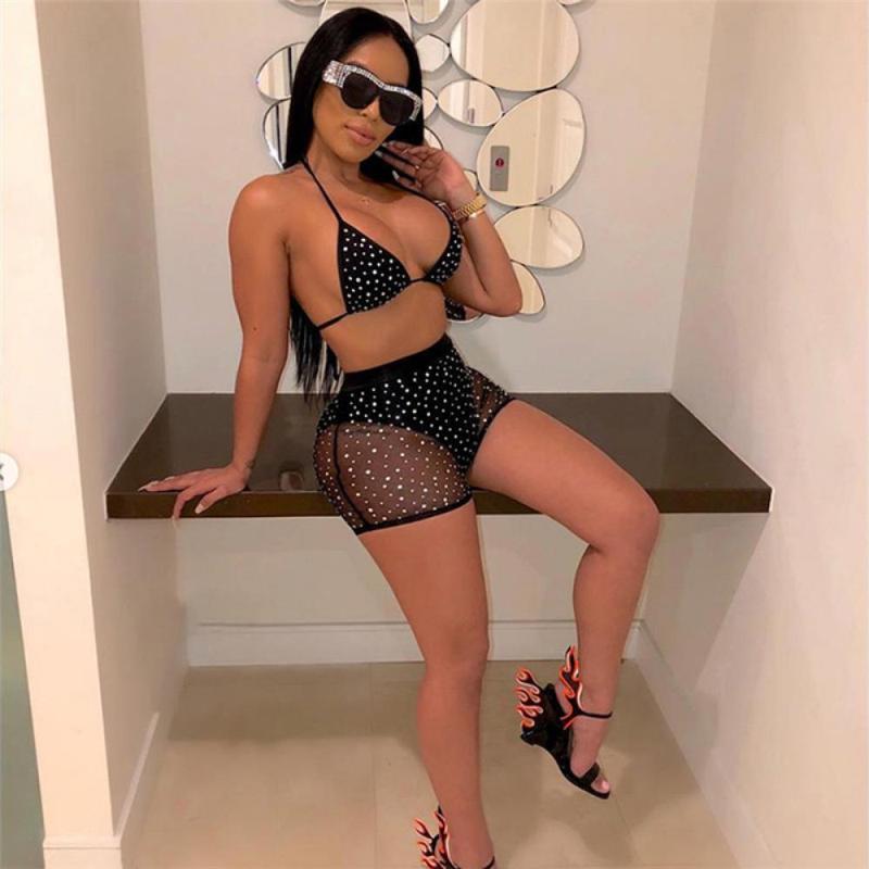 

Women' Swimwear 2023 Summer European And American Ladies Sexy Solid Color Transparent Shiny Mesh Diamond Halterneck Swimsuit Suit, Black