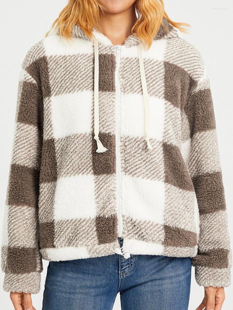 

Women' Jackets Women Autumn Winter Loose Velvet Coat Long Sleeve Hooded Outwear Zipper Plaid Street Casual Party Cardigan, Coffee