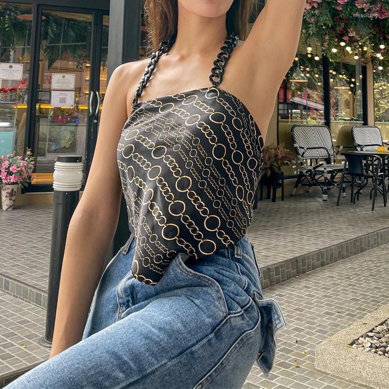 

Women' Tanks 2023 Chain Hanging Neck Ring Print Back Strap Vest Sexy Women Corset Top Womens Fashion, Black