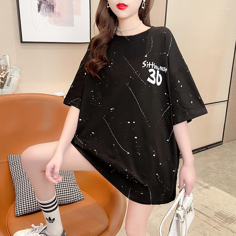 

Women's T Shirts Tide Summer Short Sleeve - Shirt Women's Large Size Graffiti Cover Belly Foreign Style Fat MM Jacket Half T-shirt, Black