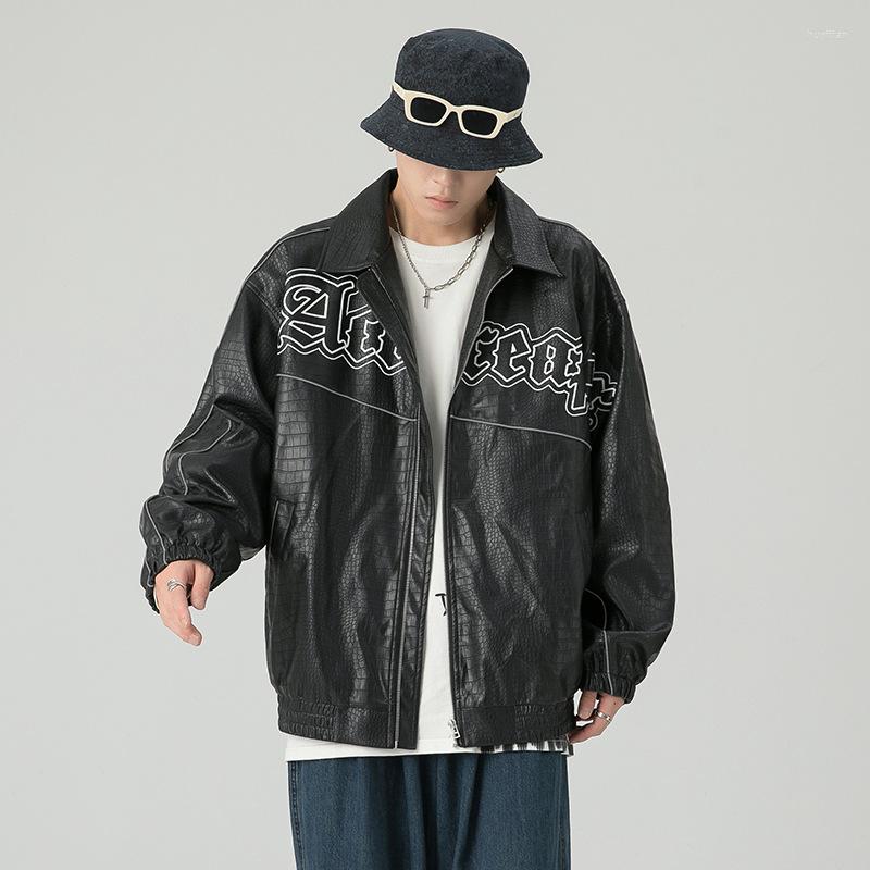 

Men's Jackets Hip Hop Iapel Men's Outerwear PU Leather Jacket For Men Letter Print Autumn Streetwear Women Zipper Coat, Khaki
