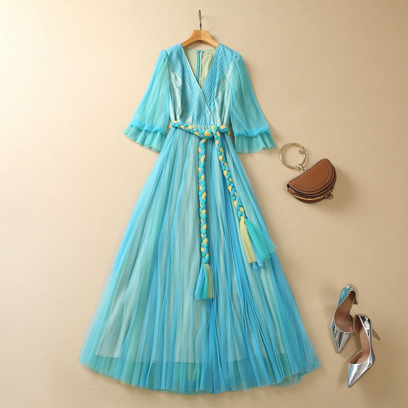 

2023 Summer Blue Ruched Weave Belted Tulle Dress 3/4 Sleeve V-Neck Contrast Color Long Maxi Casual Dresses S3M160316 Plus Size XXL, Bluegreen