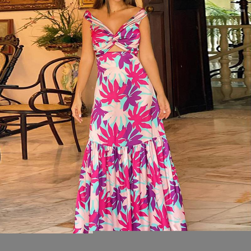 

Casual Dresses Fashion Printed Off Shoulder Pleated Long Dress 2023 Sexy Hollow Slim Ruffle Hem Party Women V-Neck Seaside Sundress, 01 yellow