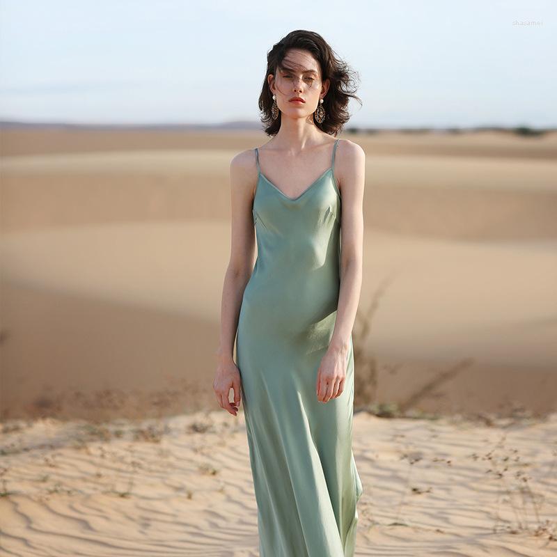 

Casual Dresses Smooth Silk Satin Spaghetti Strap For Women Party Dress Undefined Sleeveless Long Green, Dark blue
