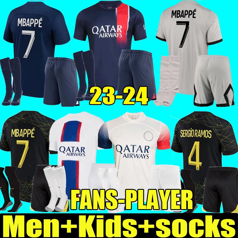 

XXXL 4XL 23 24 PSGs MBAPPE soccer jerseys 2022 2023 2024 MARQUINHOS SERGIO RAMOS HAKIMI fourth Maillots de football VERRATTI third 4TH Adults kids full kit shirts, Home+patch