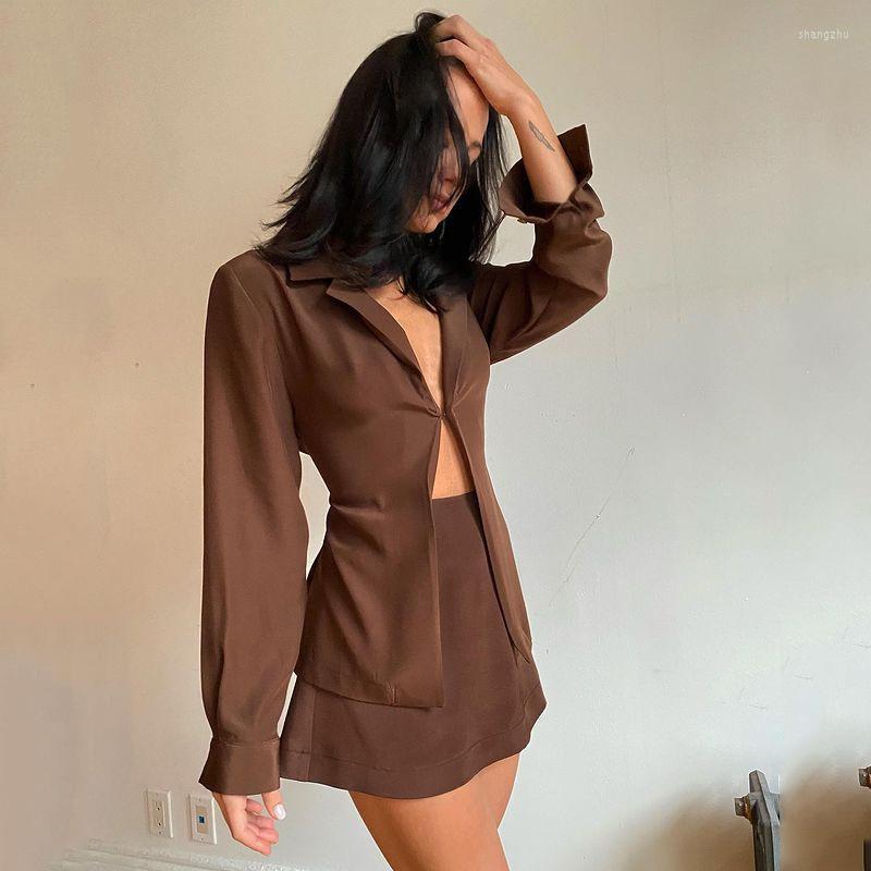 

Casual Dresses Streetwear Turn-down Collar Dress Party Club Bodycon Women Brown Long Sleeve High Waist Autumn Sexy Slim Office Outfits, White skirt set