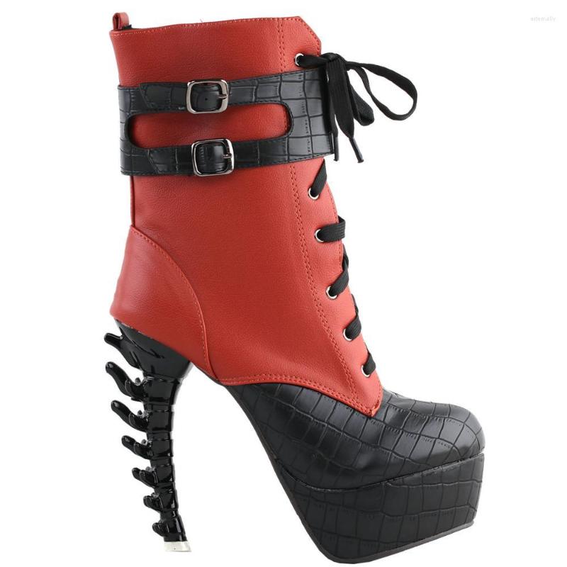 

Dress Shoes LF80714 SHOW STORY Cool Brown Black Two Tone Lace-Up Buckle High-top Bone Heels Platform Ankle Boots