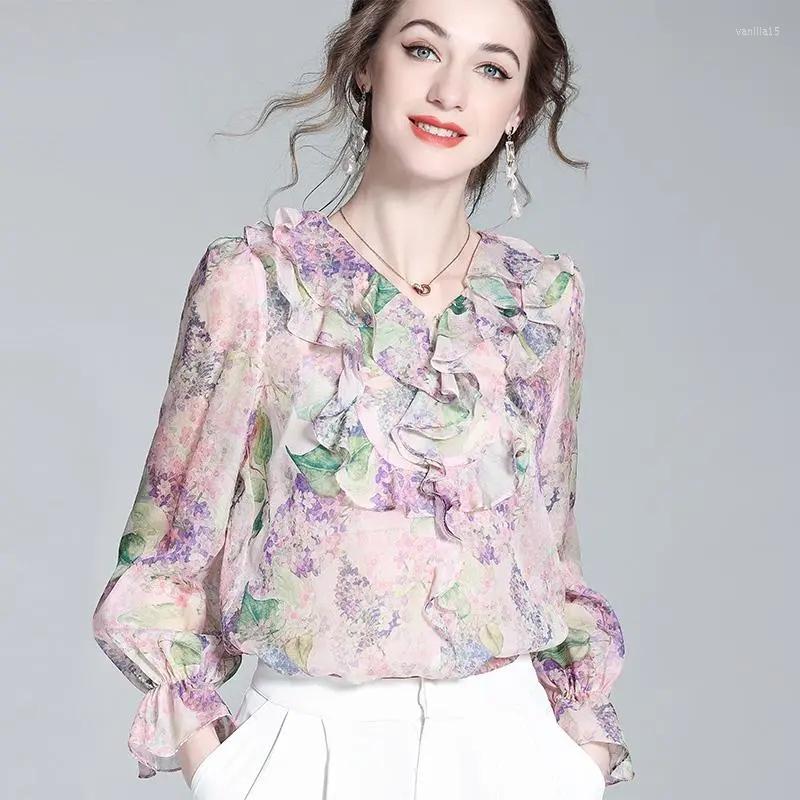 

Women' Blouses Orange Blouse Women Buttons Ruffle Chiffon Shirt Office Ladies Floral Print Spring Autumn Retro Loose Long Sleeve Tops, Flower