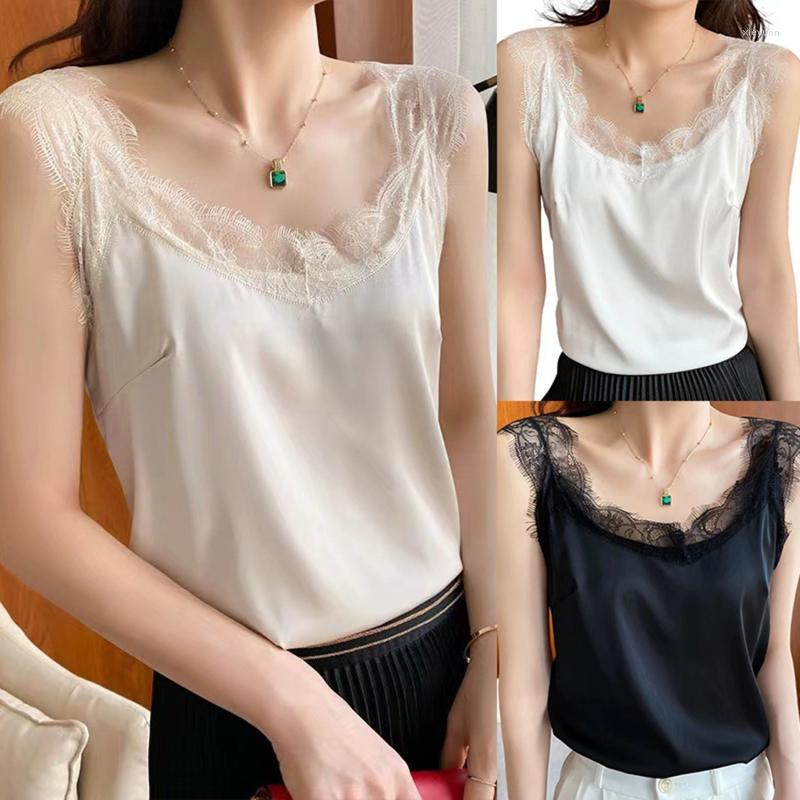 

Women's Tanks 2023 Sexy Lace Tank Tops Women Silk Sleeveless V Neck Womens Camisole Halte Top Feminino Slim White Summer Woman Clothes, Black