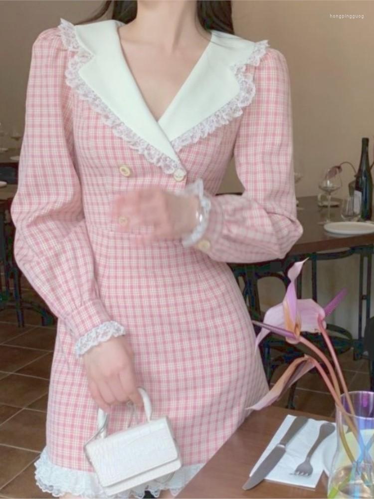 

Casual Dresses 2023 Fashion Spring Autumn Vintage Kawaii Korean Elegant Women Plaid Lace Patchwork Sweet Party Mini Dress Female, Black