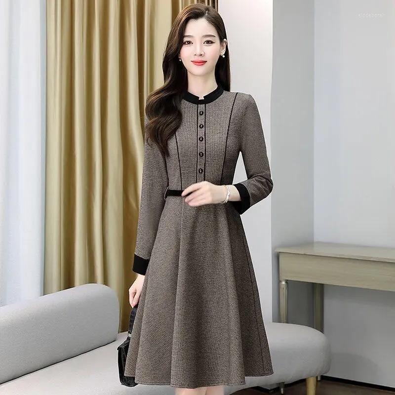 

Casual Dresses Woolen Dress Women Autumn Winter 2023 Temperament Waist Shrink Age Thin Plaid Thickened Fashion Matching Bottom Skirt Female, Gray