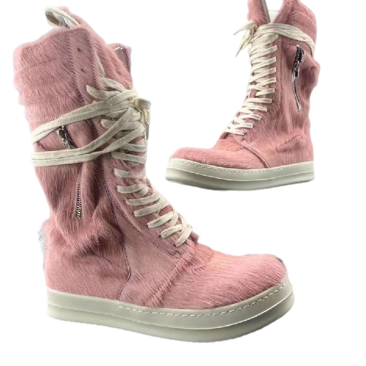 

23SS Pink Horse Fur High Boots Flat Trainer Sneakers Rock Lace Up Booties, Grey