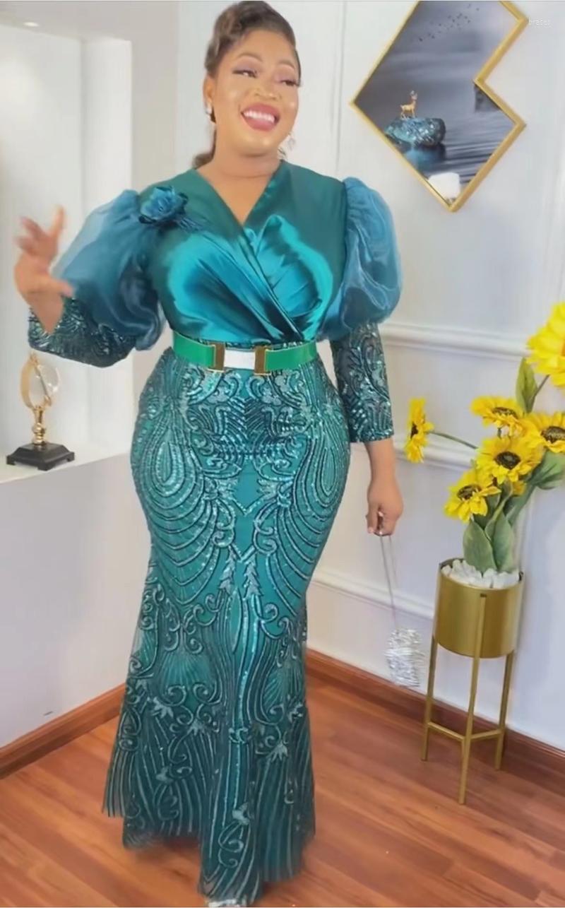 

Ethnic Clothing African Dresses For Women Autumn Spring V-neck Green White Red Polyester Sequined Long Dress XL-4XL Maxi
