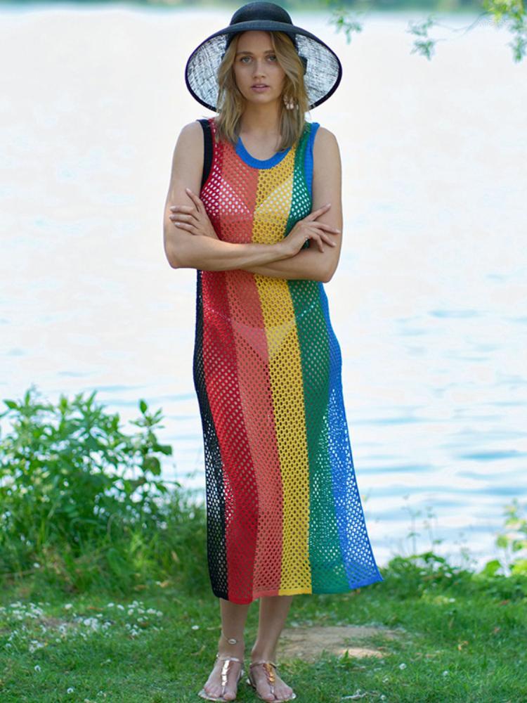 

Women's Swimwear Beach Crochet Dresses Bikini Cover Ups Women Sleeveless Rainbow Stripe Ribbed Tunic Summer Holiday Transparent Bathing, Model 4
