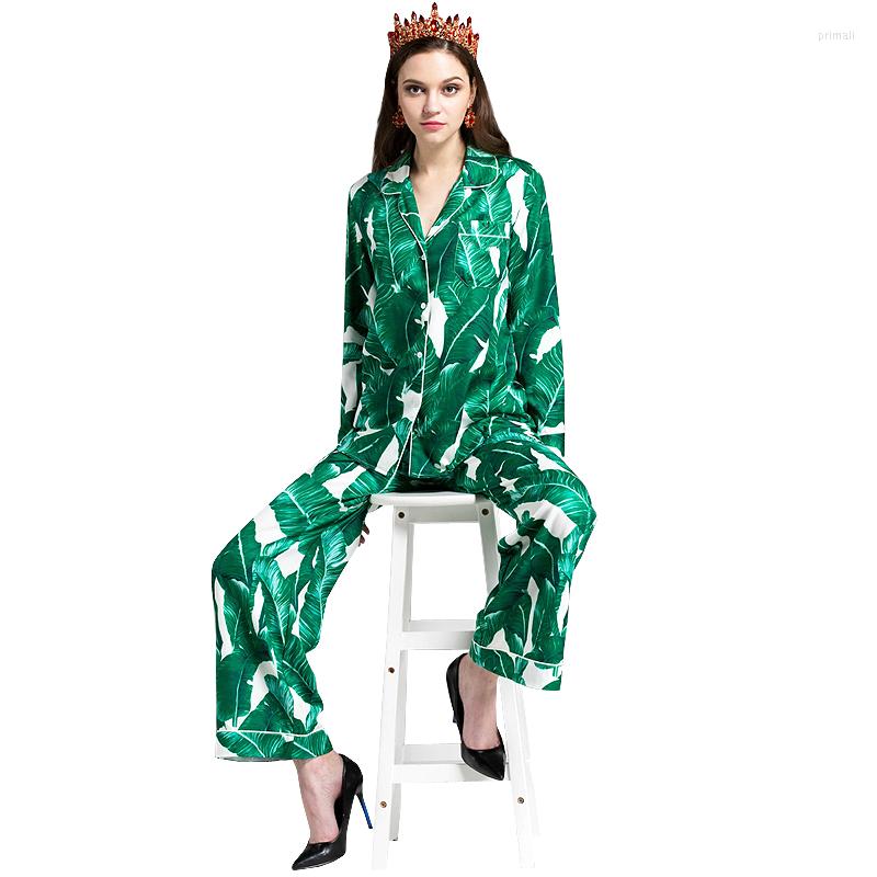 

Women' Sleepwear High Quality 2023 Summer And Autumn Banana Leaves Printed Lapel Shirt Wide Leg Pants Women' Two Suit Clothes, Photo color
