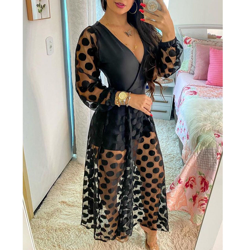 

Casual Dresses Women' Clothing Spring Polkadot Print Wrap Long Sleeve Maxi Dress See Through Party Wedding Formal Elegant Boho V Neck 230316, Black