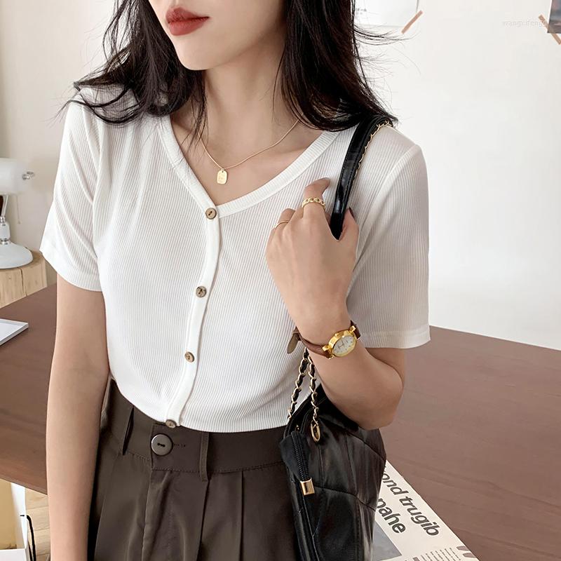 

Women's T Shirts White Women T-shirt Short Sleeves V-neck Single Breast Summer Fashion Solid Color No Print Tops Lady, Blue