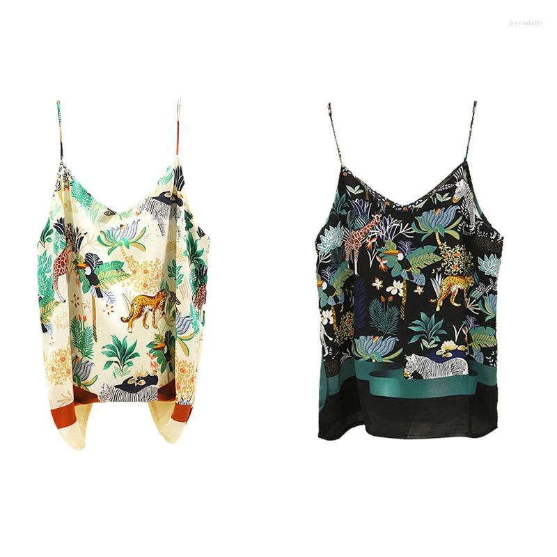

Women' Tanks Women Summer Spaghetti Strap Satin Tank Top Vintage Forest Animal Leaves Print Camisole Casual Loose V-Neck Strappy Vest, Black