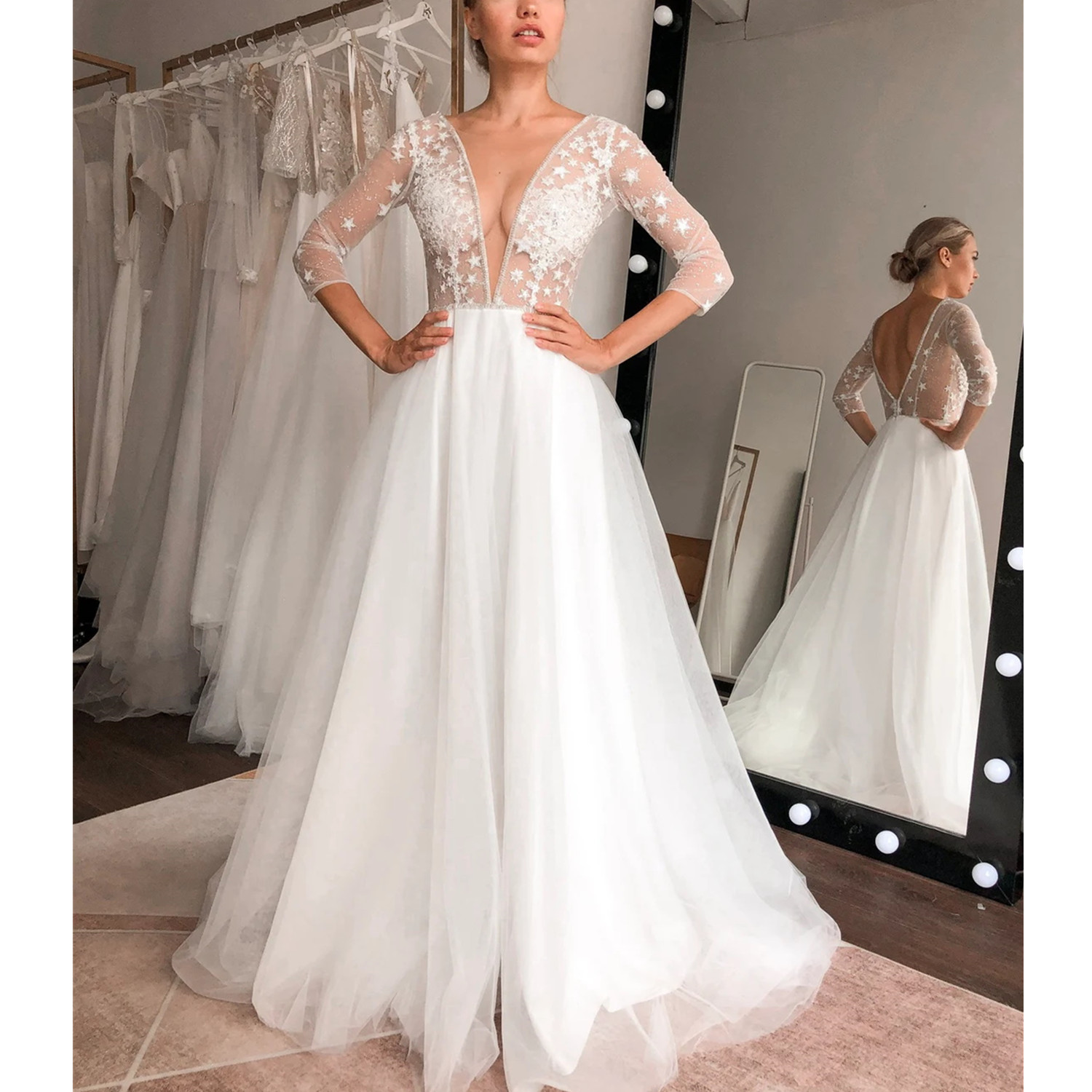 

Bohemian A-line Wedding Dresses V Neck Long Sleeve Lace Appliqued Wedding Dress Backless Ruffle Sweep Train Custom Made, Champagne