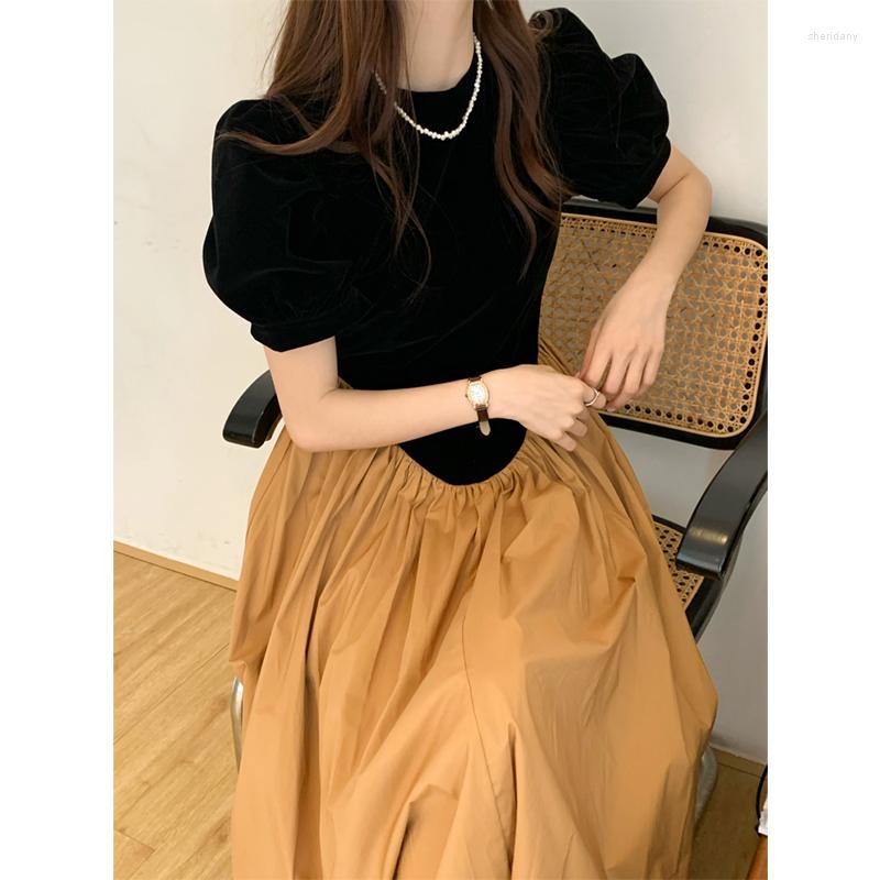 

Casual Dresses ZCSMLL Korean Chic Elegant Retro Simple Round Neck Bubble Sleeves Irregular Stitching Waist Contrast Pleated Dress Women, As shown