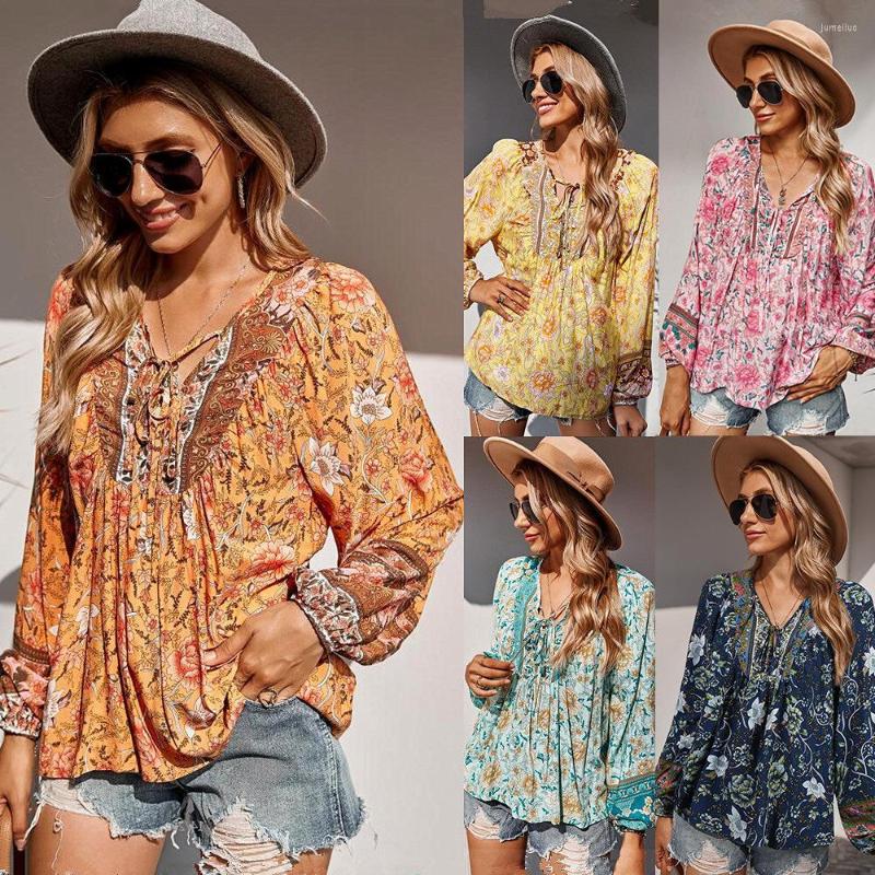 

Women' Polos 2023diyun Autumn Rope Romantic Holiday Print Top, Orange
