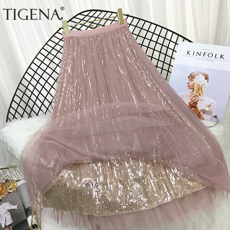 

Skirts TIGENA Fashion Sequined Long Tulle Skirt Women Aesthetic Korean Casual A Line Elastic High Waist Midi Mesh Skirt Female Pink 230314, Apricot