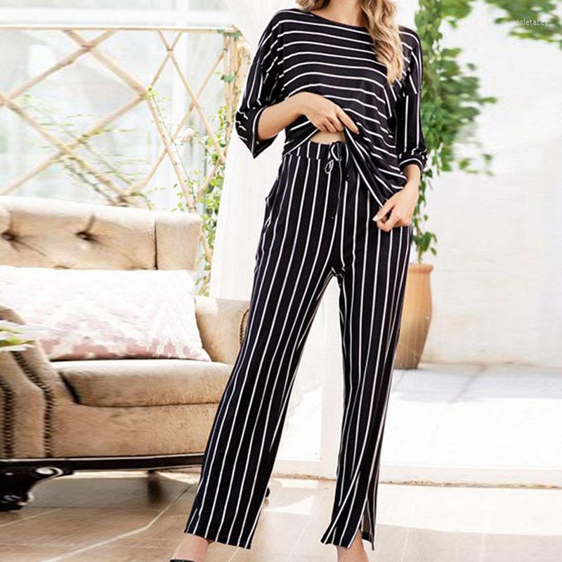 

Women' Tracksuits Women Casual Loose Pajamas Suits Elegant O-neck Pullover & Pocket Long Pants Outfits Fashion Striped Print Sleeve 2Pc, 01 blue