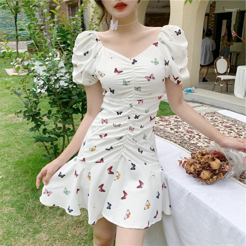 

Casual Dresses Elegant Dress Women 2023 Summer Korean Fashion V-Neck Pleated Puff Sleeve Ruffle High Waist Slim Colorful Butterfly Print, White