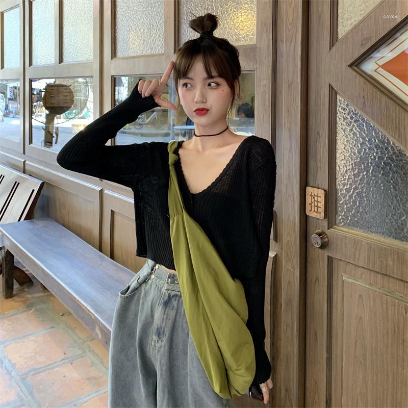 

Women's T Shirts Korean Ins Women's Shirt V-Neck Jacket Solid Color Casual Top Classic Fashion Chic Women Knitted Cardigan, Black