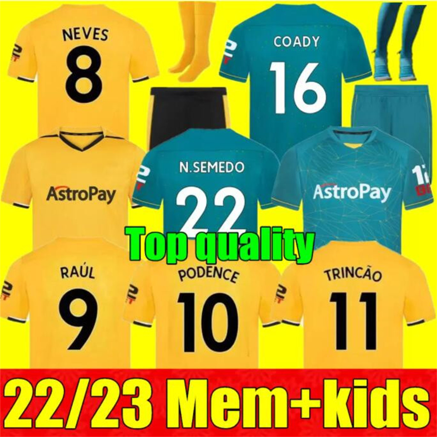 

New 22 23 Wolves Soccer Jerseys t shirt RAUL SEMEDO NETO NEVES TRINCAO 2022 2023 Wanderers J OTTO PODENCE GIBBS HEE CHAN Wolverhampton Football Shirts Men Kit 1128, 22/23 adult home+league patch 21/22 kids