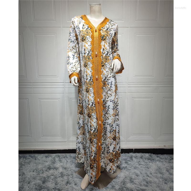 

Ethnic Clothing Ramadan Printed Long Dresses Floral Embroidery Guipure Lace Panel Party Dress Islam Muslim Women 2023 Spring