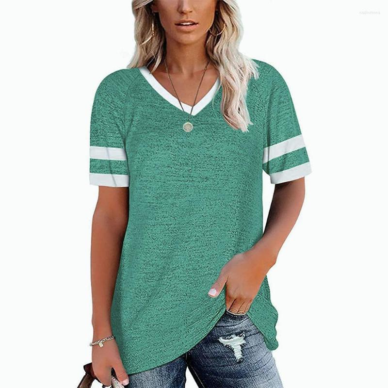 

Women' T Shirts Solid Green Tee Black Summer Casual Women Tops Loose V-Neck Stripe Patchwork Short Sleeve T-shirt Female Street Tshirts, Dark gray