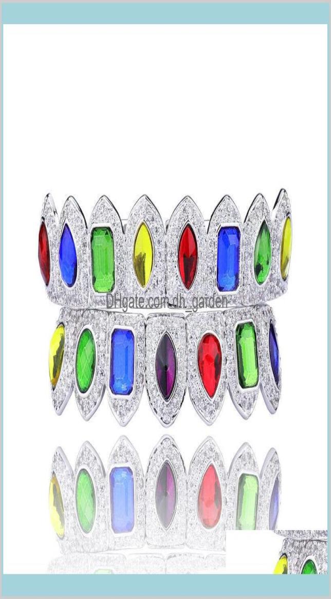 

Colorful Shiny Teeth 18K Gold Plated Macro Pave Cz Iced Out Sets Top And Bottom Hip Hop Grillzs Style Pb29Q Grillz Dental Grills O4842519