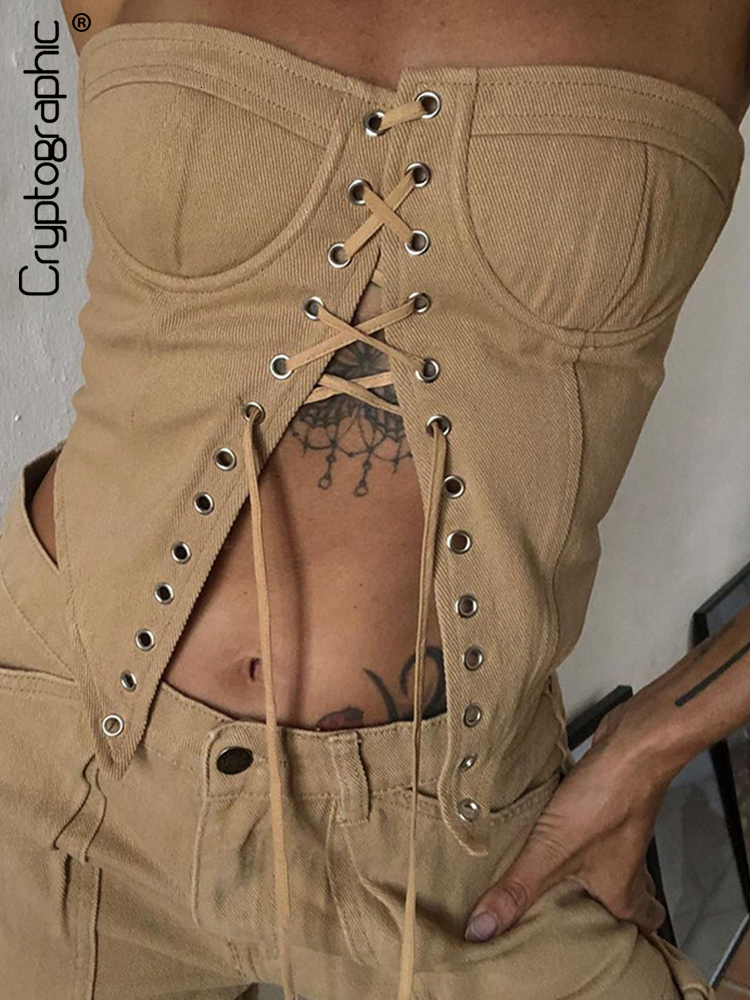 

Women's Tanks Camis Cryptographic Sexy Strapless Bandage Crop Top for Women Summer Elegant Fashion Sleeveless Backless Tops Club Party Clothes 230316, Khaki