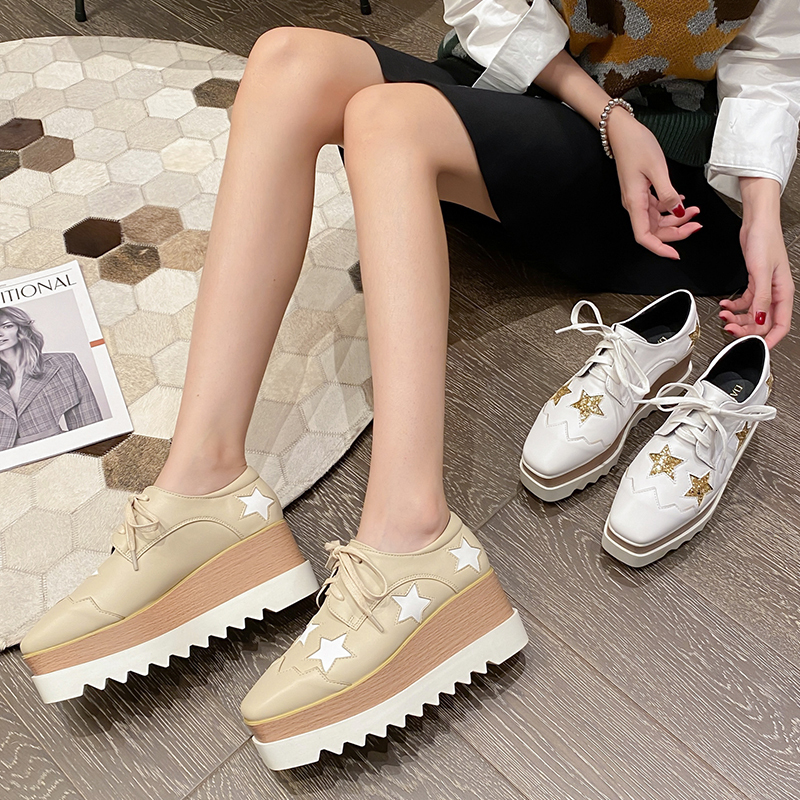

Dress Shoes Spring And Autumn Star Platform Womens Wedges Thick Soles Korean Version Of laceUp Casual Square Wome 230316, 2 apricot