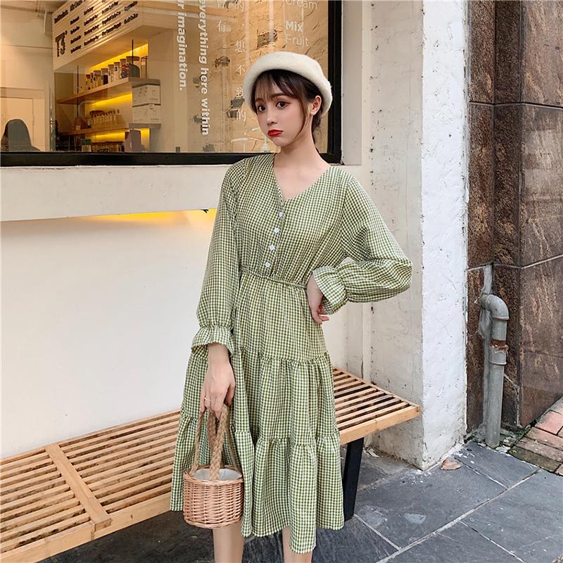 

Casual Dresses Long Sleeve Temperament High Quality Aesthetic Modis Plaid Knee Dress Women' Clothing Vintage V-neck Spring Autumn, Green