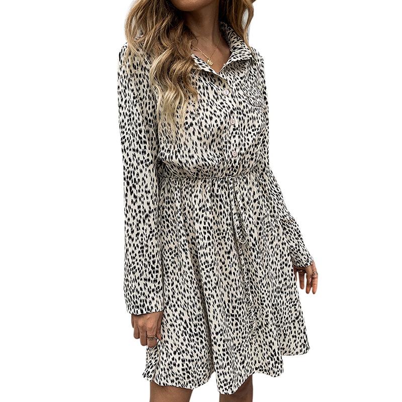 

Casual Dresses 2023 Autumn European And American Lapel Waist Floral Long Apricot Sleeve Woman Dress