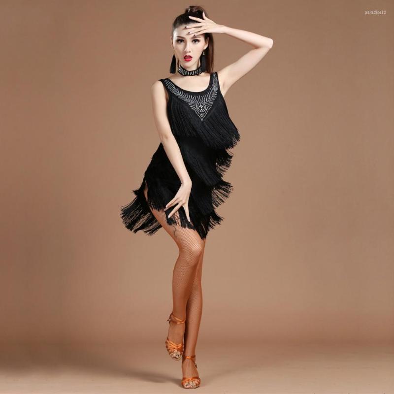 

Stage Wear Top Grade 2023 Women Dance Clothes Salsa Samba Dress V-neck Fringes Beaded Latin Dresses With Earrings, Black